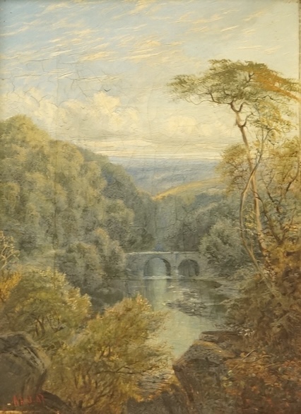 Alfred Augustus Glendening Sr (1840-1910), Riverscape with a bridge, monogrammed and dated '67, oil on canvas, 19 x 14cm, ornate gilt frame